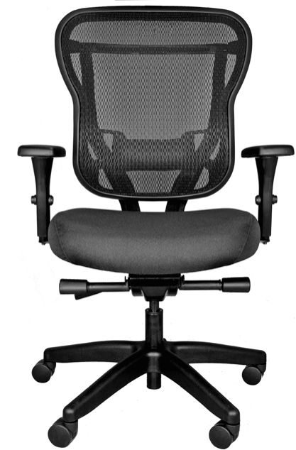 A black office chair with wheels and arm rests on a white background.