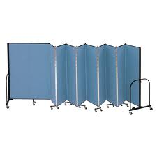 A blue room divider with wheels on a white background.