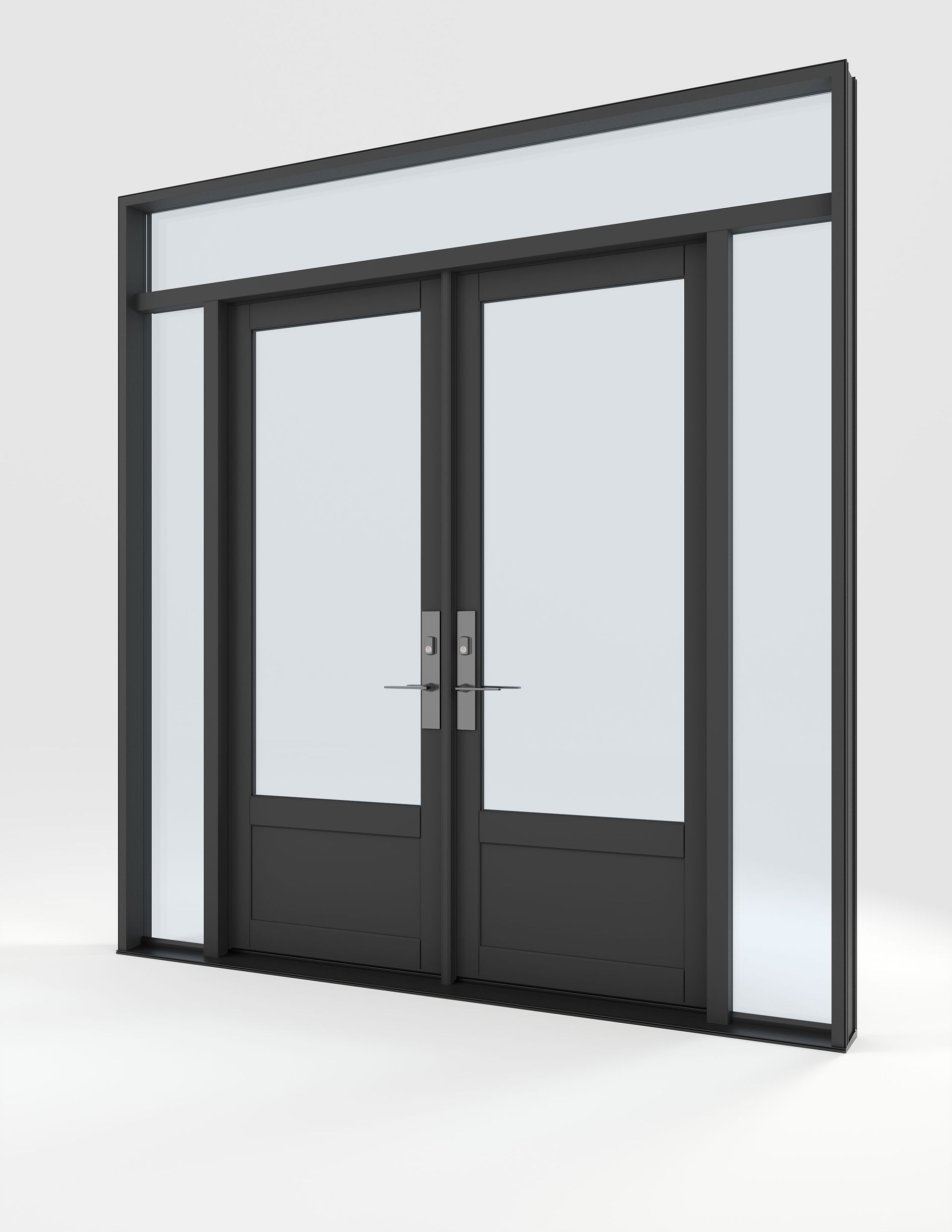 Black double doors with glass panels, sidelights, and a transom. The frame is dark, and the background is white.