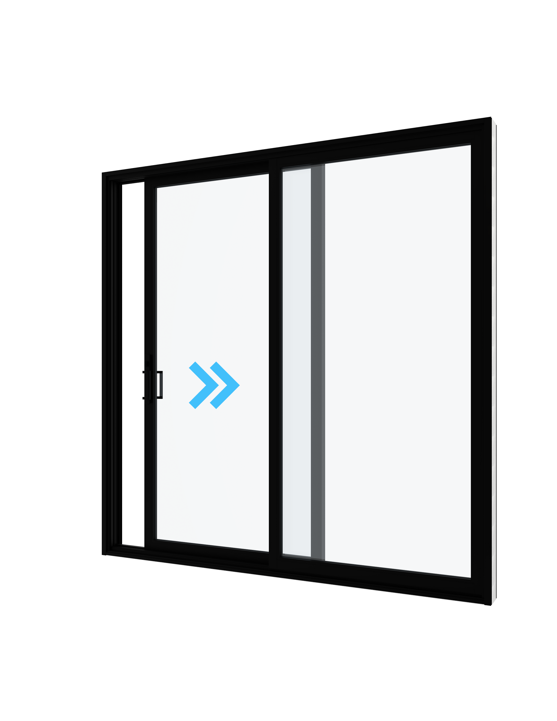 Black-framed sliding glass door with two panes; arrow indicates door opening to the right.