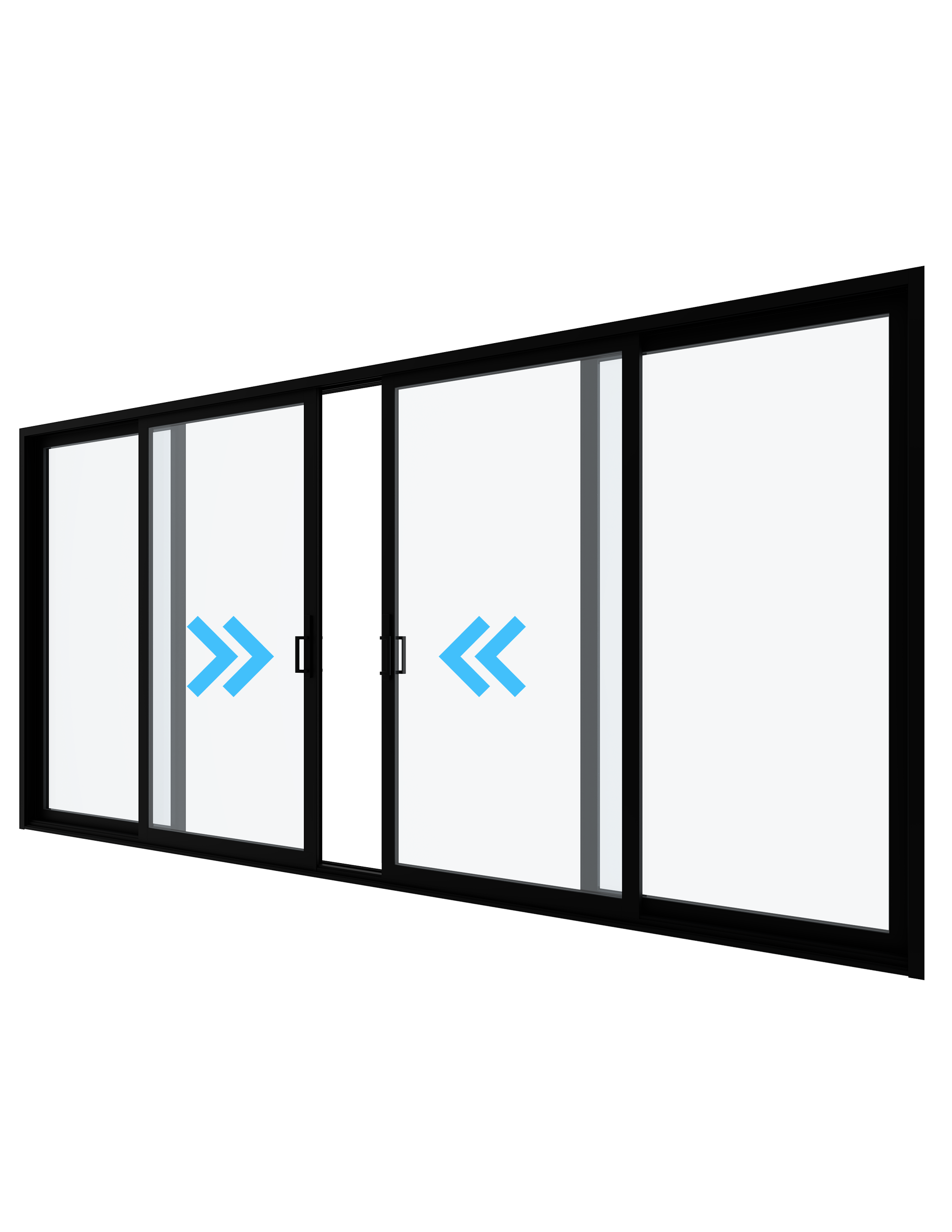 Black framed sliding glass doors, two panels move to the left, two fixed panels, blue arrow indicates movement.