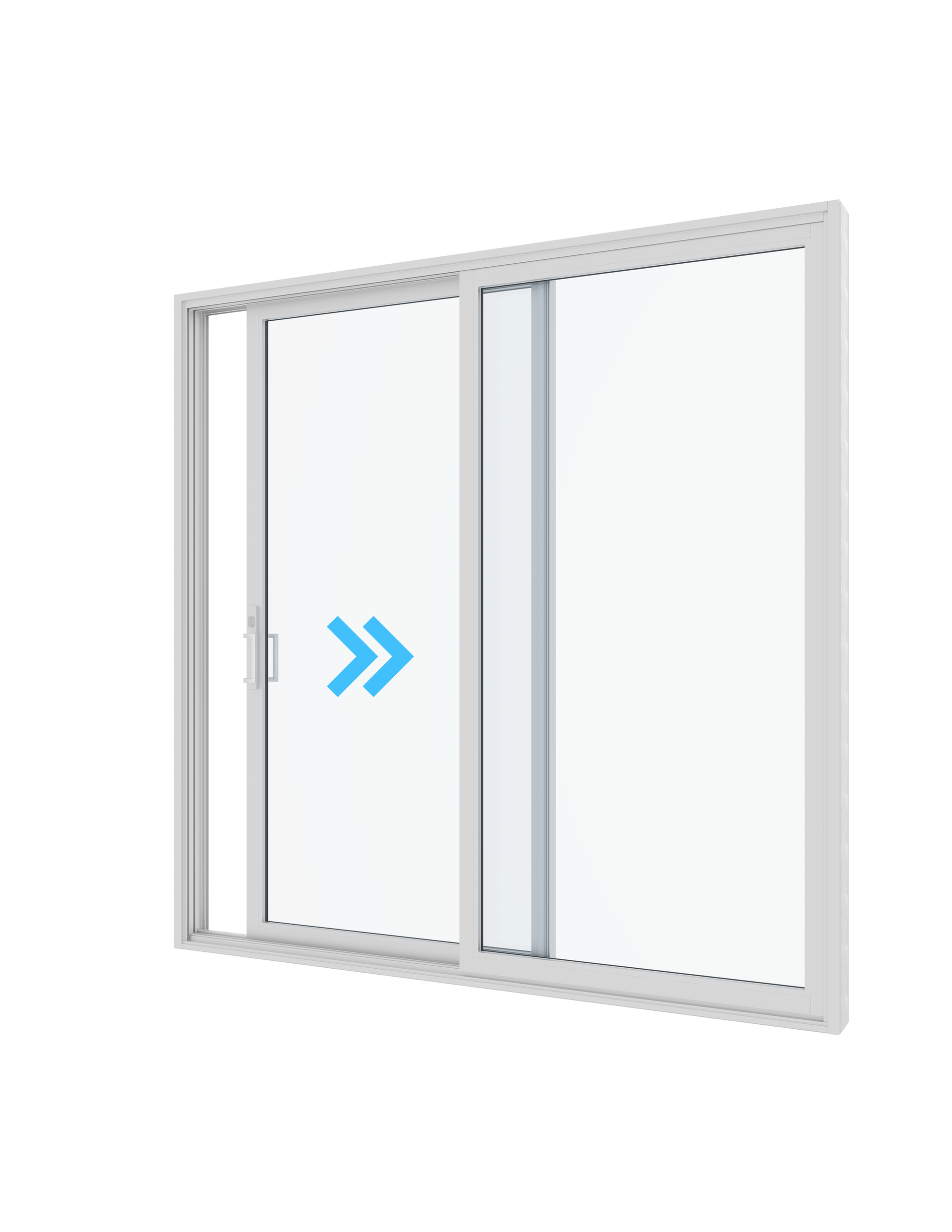 White sliding glass door with a blue arrow indicating movement.