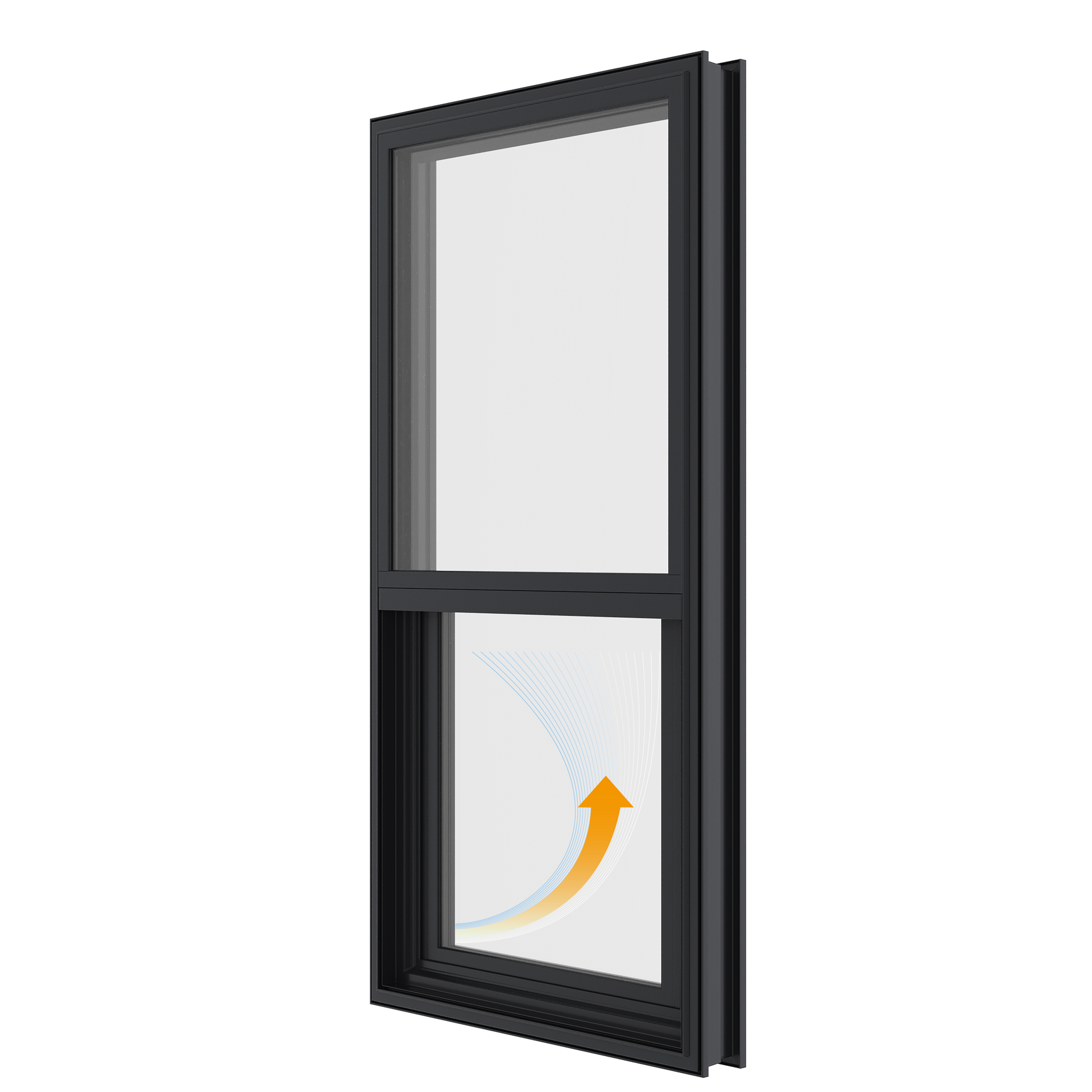 A black-framed casement window is partially open, revealing a glass pane. It is set against a white wall.