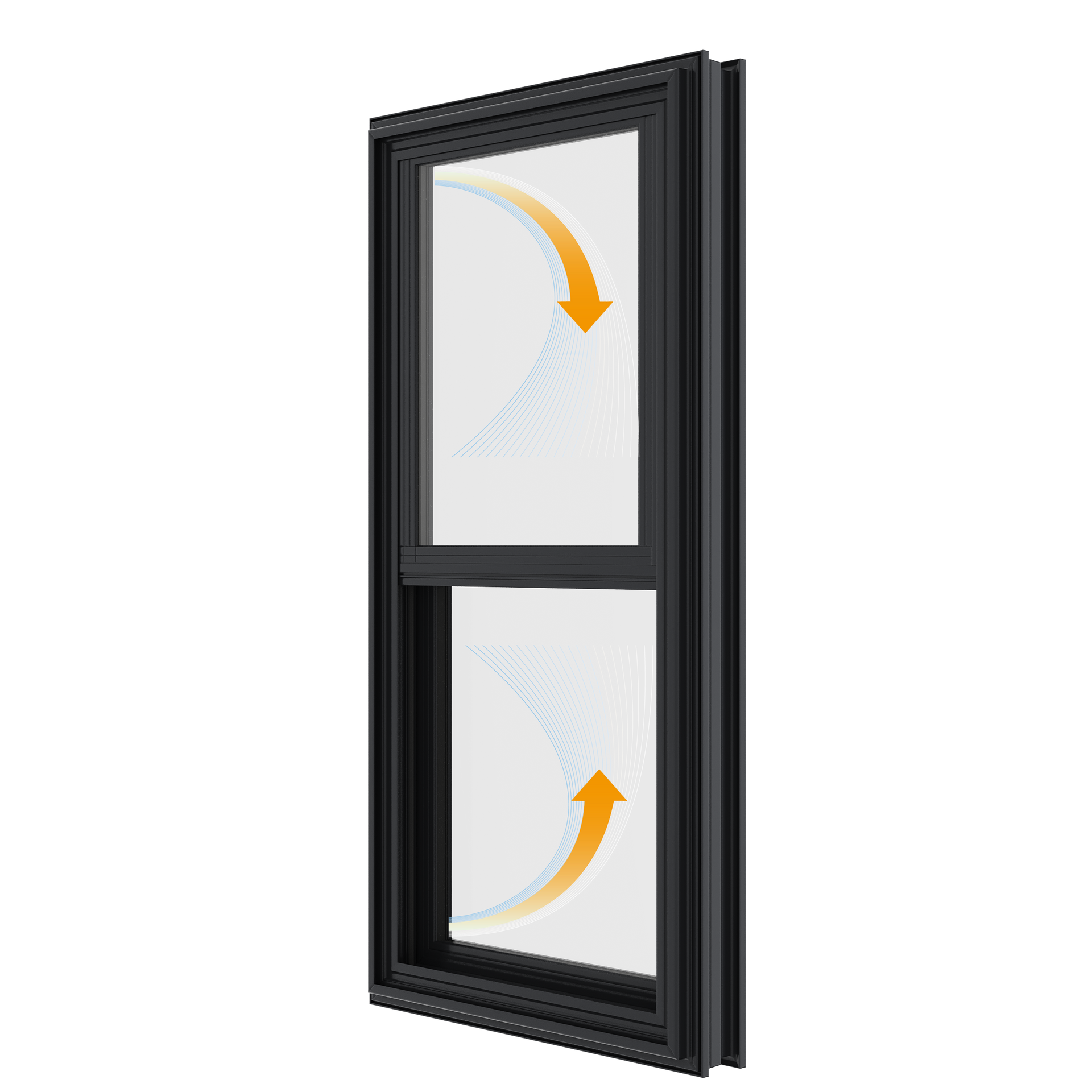 Black awning window, partially open, set against a white background. The window glass is clear.