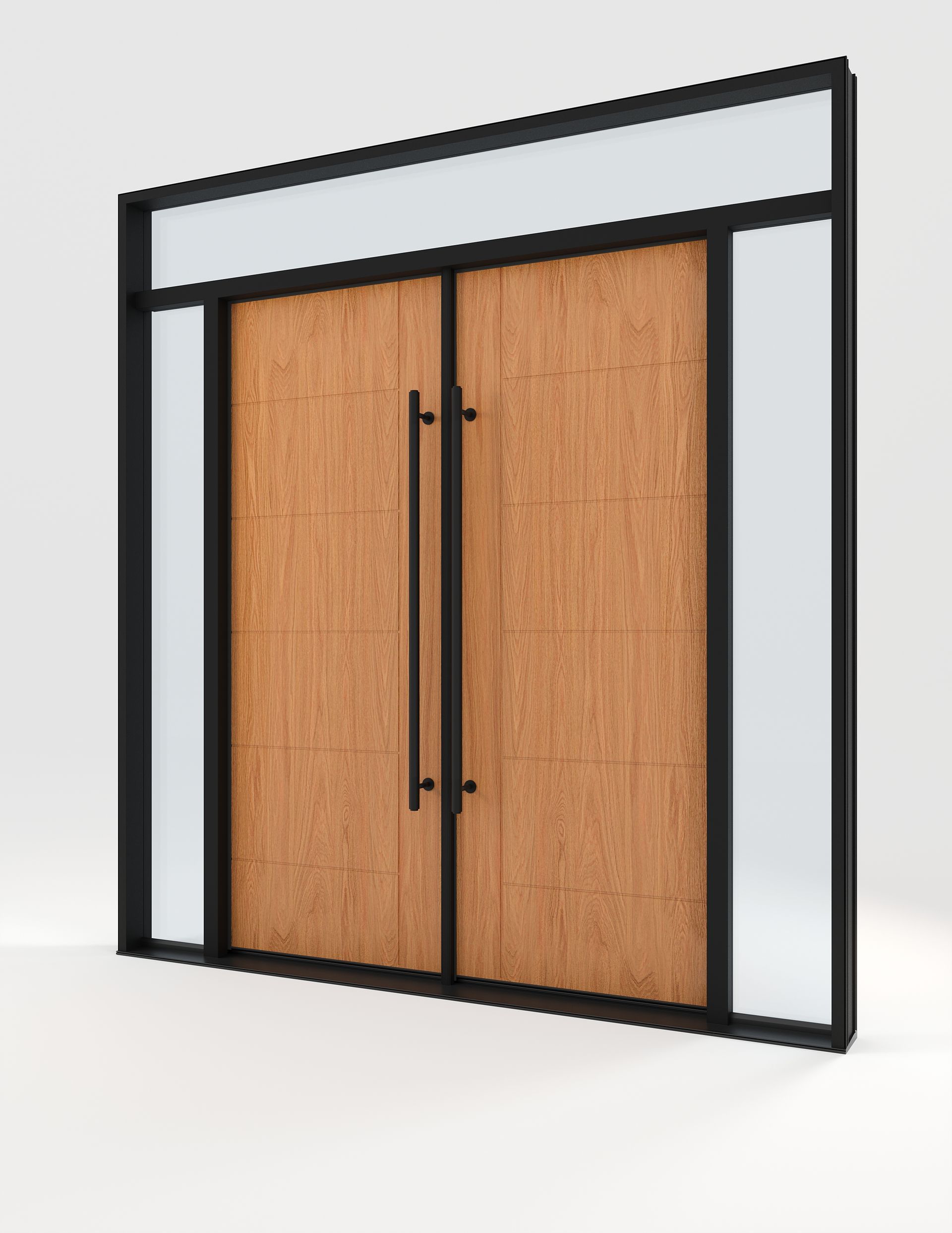 Modern double doors with a textured wood appearance, framed in black with sidelights and a transom window, all against a white background.