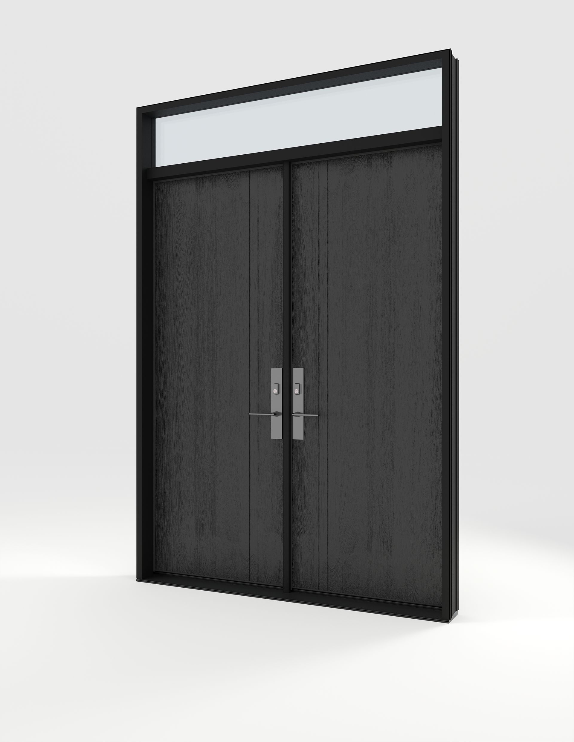 Black double doors with silver handles, topped with a rectangular window above. The doors have a rough texture and sit in a white setting.