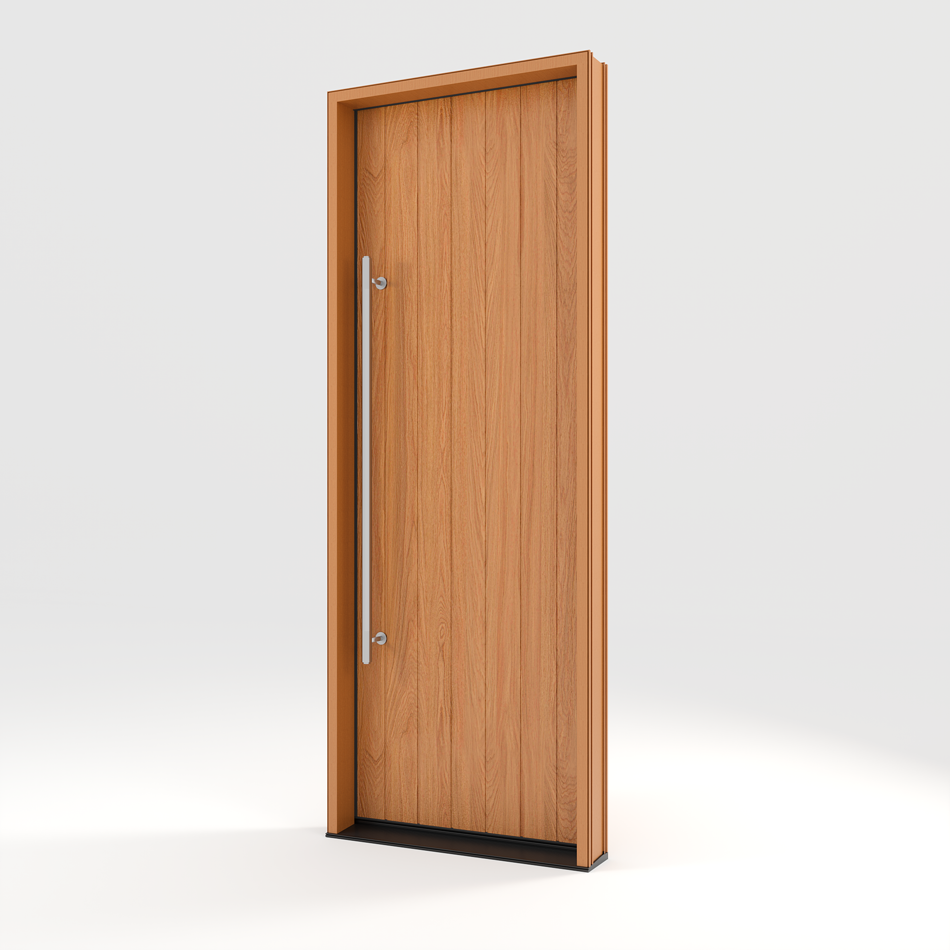 Wooden door with a long silver handle. The door is set in a wooden frame against a light background.