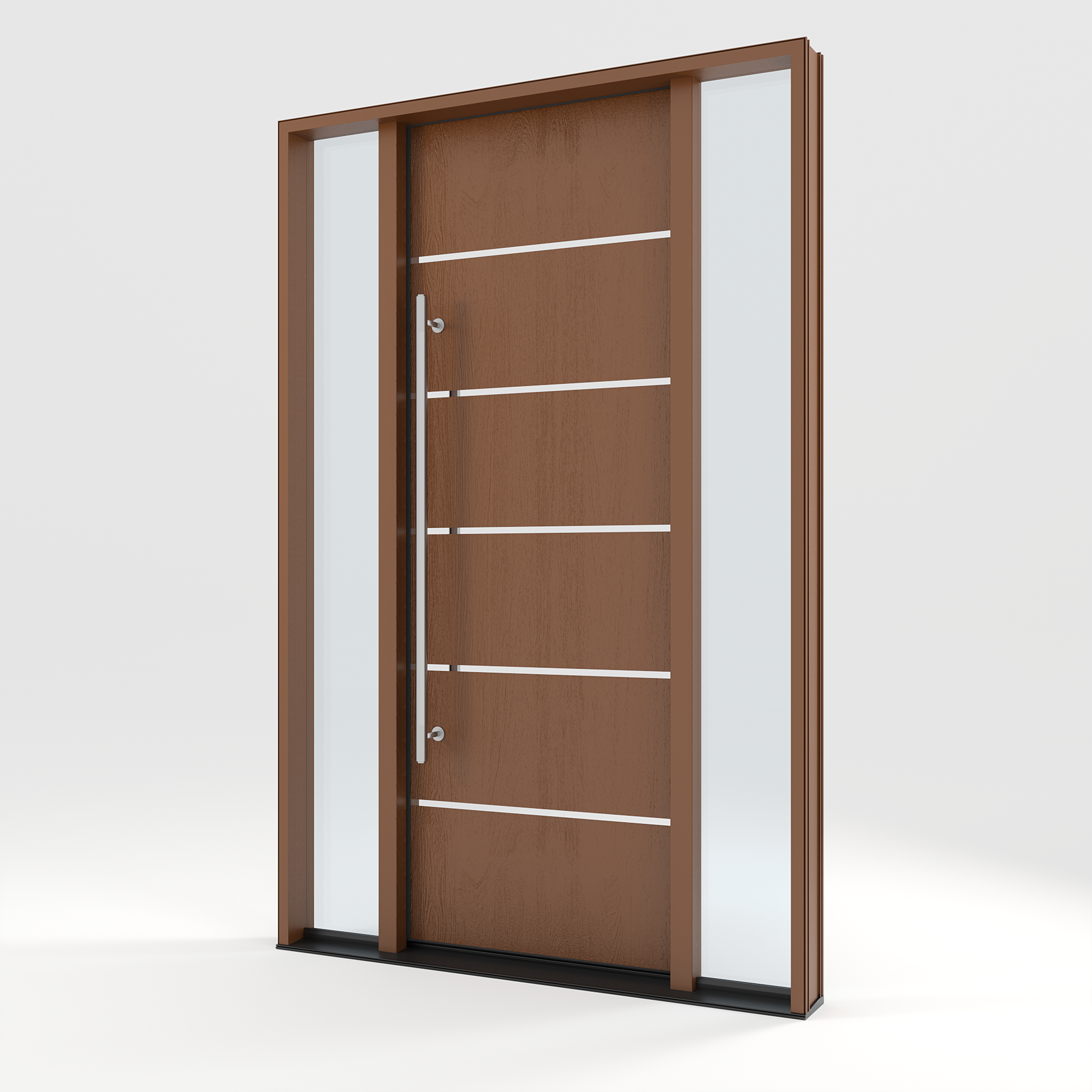 Wooden front door with horizontal grooves and glass side panels. Brown frame and silver handle.