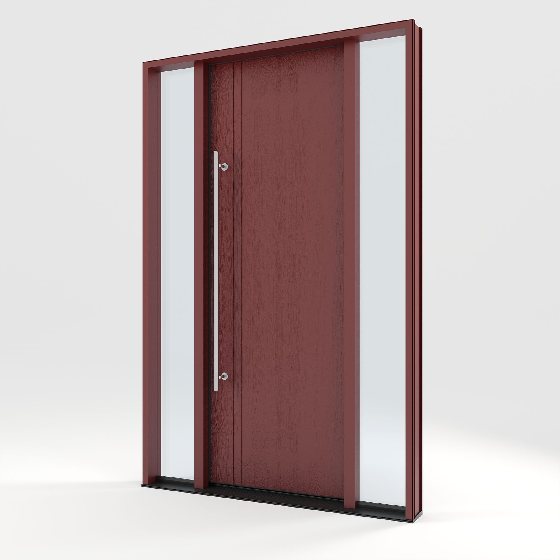 Red front door with vertical glass panels on either side and a silver handle.