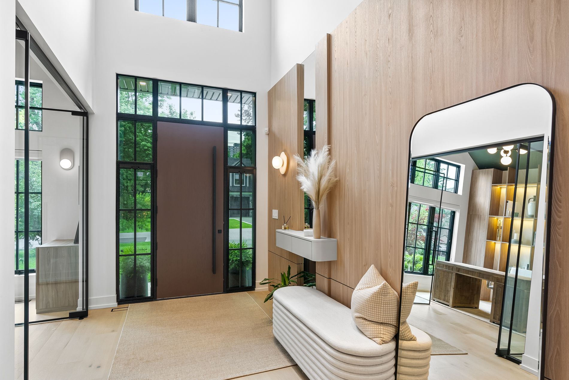 There is a large mirror in the middle of the room.