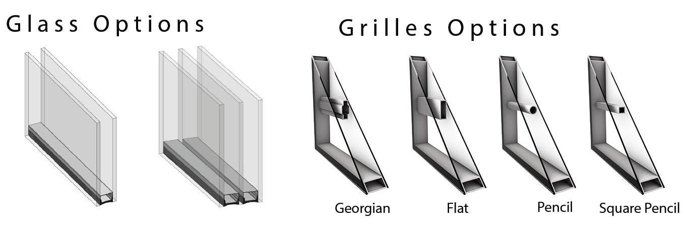 A PICTURE OF DIFFERENT GLASS OPTIONS AND GRILLES OPTIONS