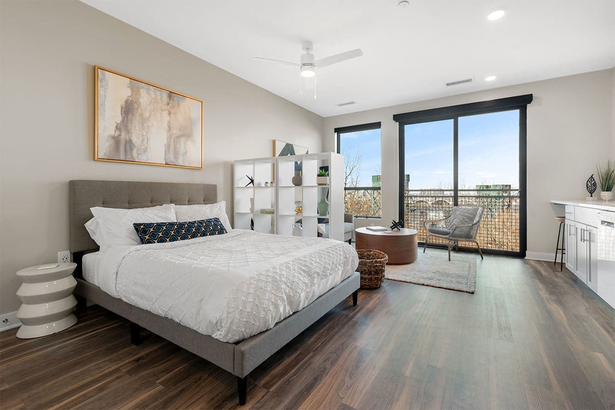 There is a large bed in the middle of the room.