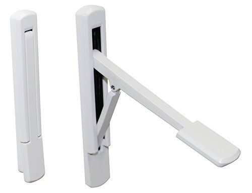 White wall-mounted folding laundry drying rack; one closed, one open with a drying arm extended.