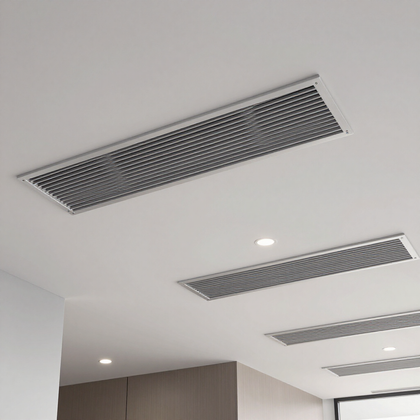 White ceiling with three long rectangular air vents and recessed lights above a modern interior