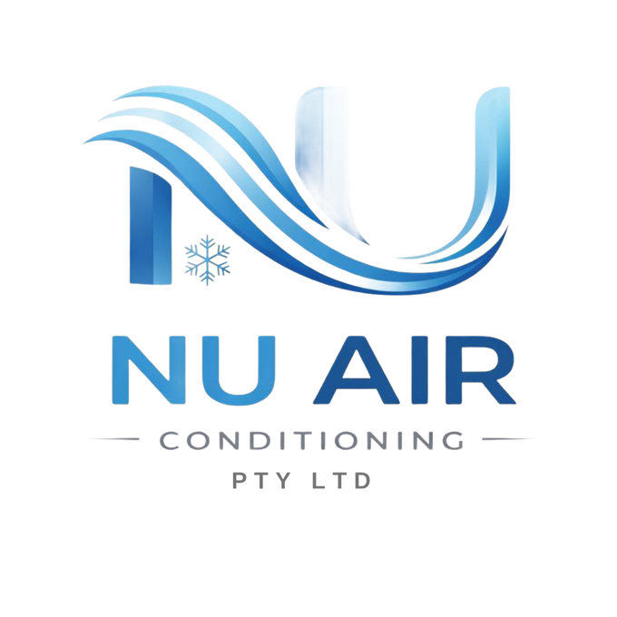 NU AIR Conditioning logo with blue swoosh and snowflake icon, white background, PTY LTD text