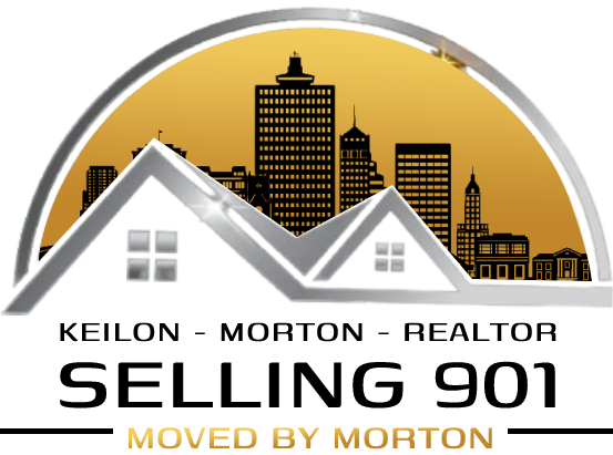 Keilon Morton Realtor selling 901, gold skyline and white house logo with “Moved by Morton” text