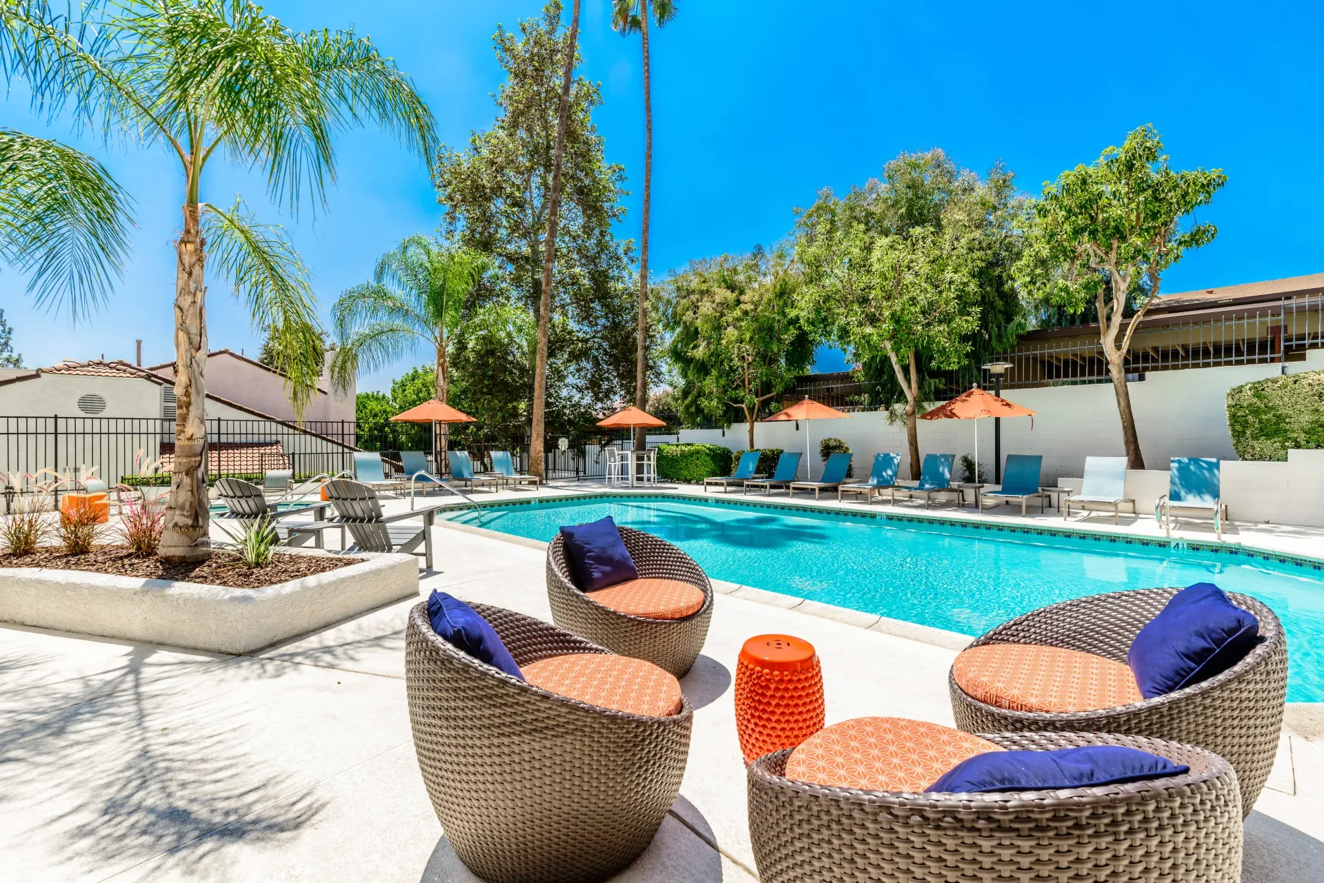 Outdoor resort-style pool area with lounge chairs and palm trees.