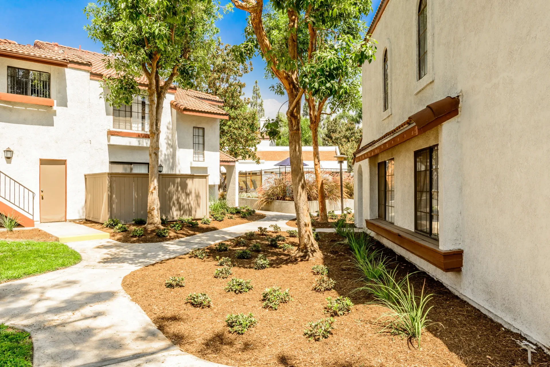 Outdoor courtyard between apartment buildings with trees, walkways, and landscaped beds.