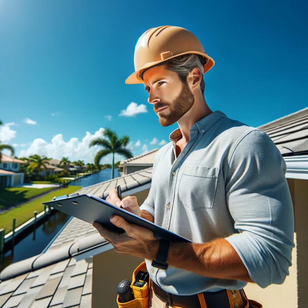 Roofer in hard hat on a sunny roof, writing on a clipboard, looking at the roof with houses in the background.