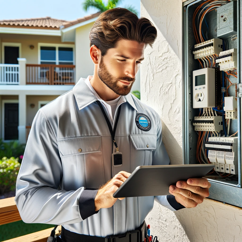 Electrician in grey uniform using a tablet, inspecting an electrical panel outside a house.