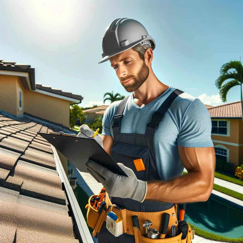 Construction worker in a hard hat, writing on a clipboard on a rooftop in front of a sunny sky.