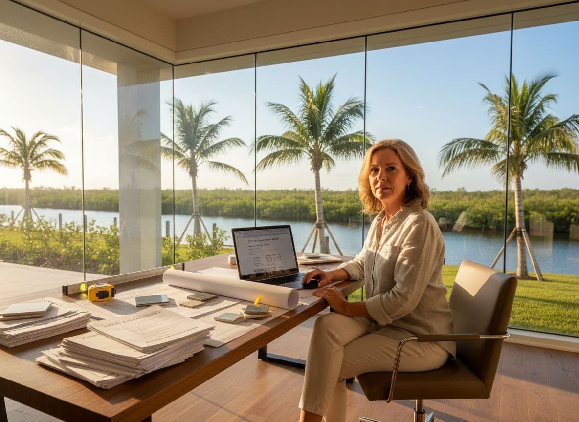 A light gray house with white trim and a blue tiled roof, palm trees, and cloudy sky.