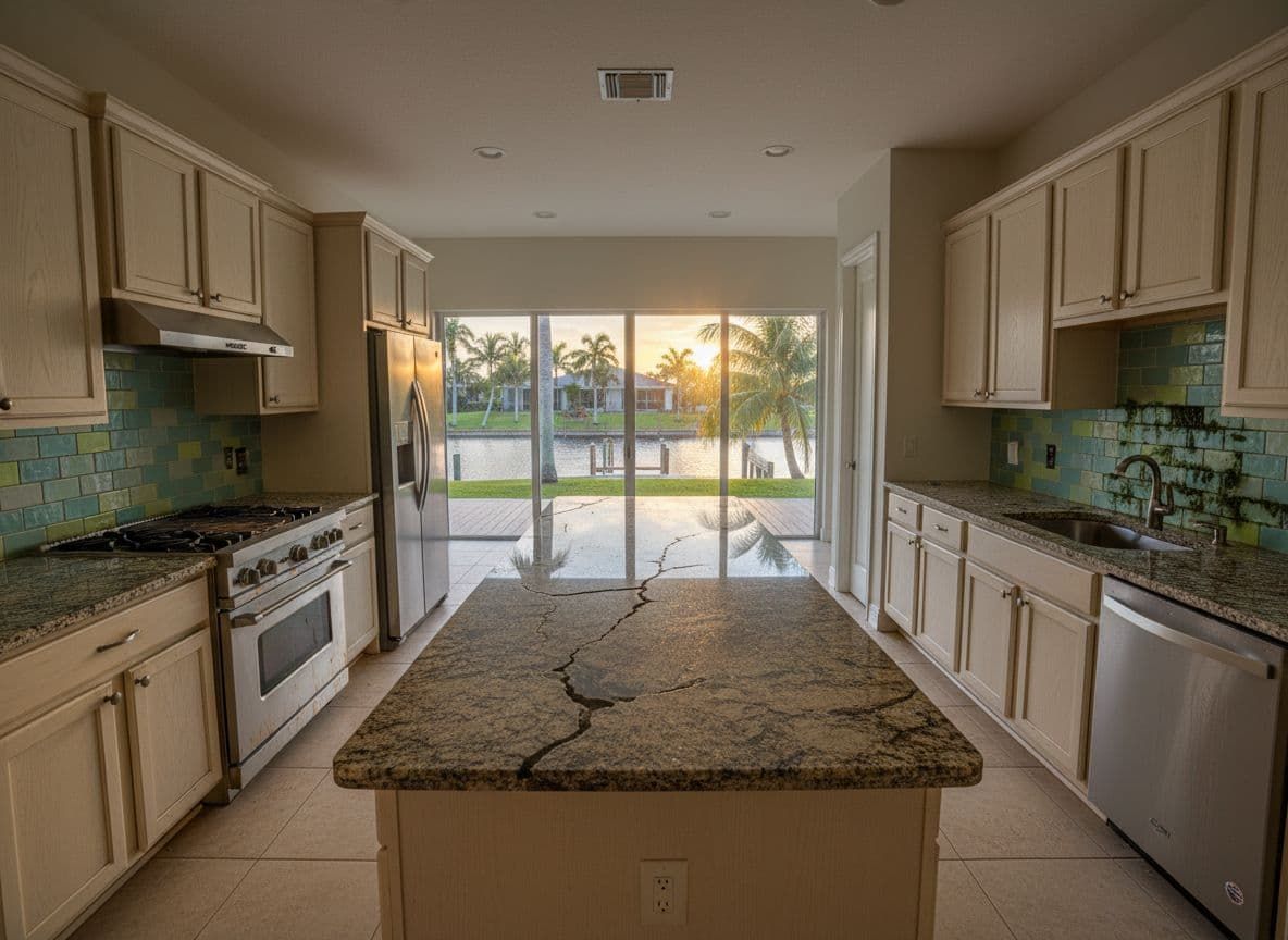 Cream-colored kitchen with wooden countertops, stainless steel appliances, and a large window.