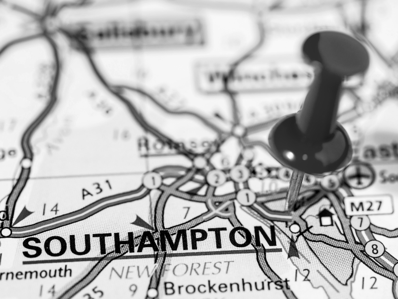 Map of Southampton, UK, with a red pushpin marking a location.