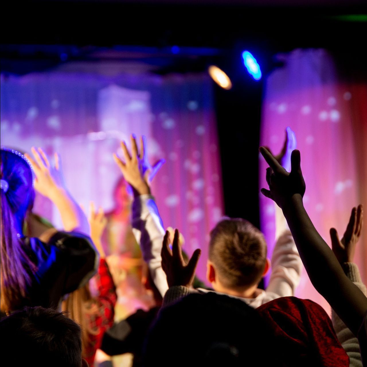 A crowd of people raising their hands in the air at a concert