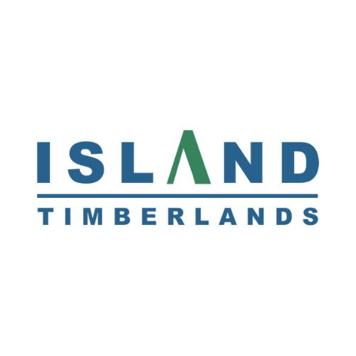 Island Timberlands logo: blue text with a green upward-pointing triangle in the “A,” over a blue line and the word “Timberlands” below.
