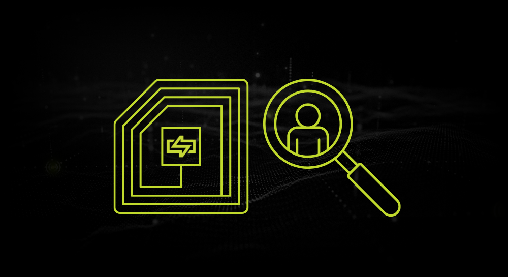 RFID icon with a user profile icon under a magnifying glass on black background