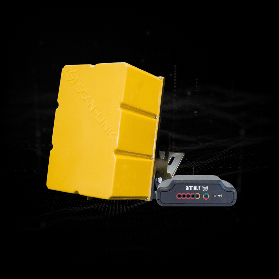 A yellow antenna unit and a black 2.0 display unit on a black tech background