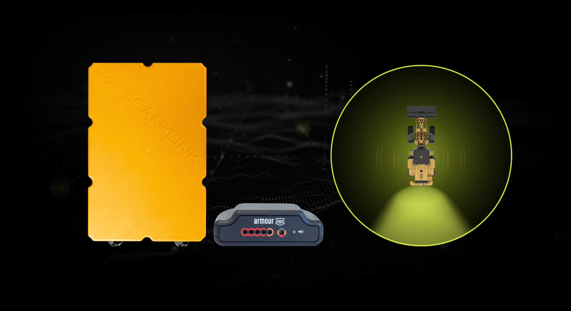 SCAN-LINK logo with a QR-like icon, a small red device, and a highlighted tiny figure in a yellow circle.