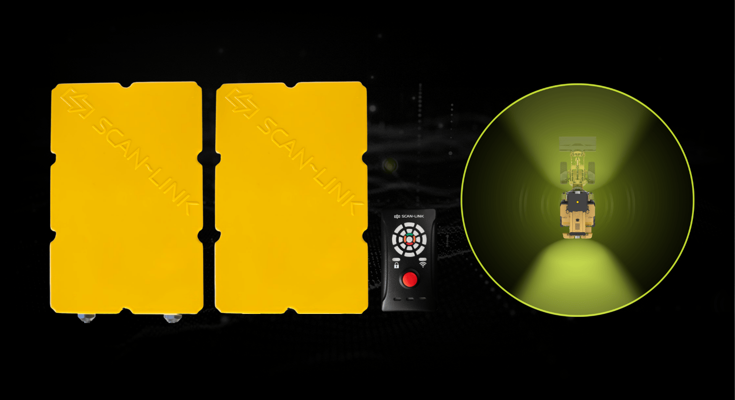 Two yellow, rectangular panels side by side, with a remote control to the right. Dark background.