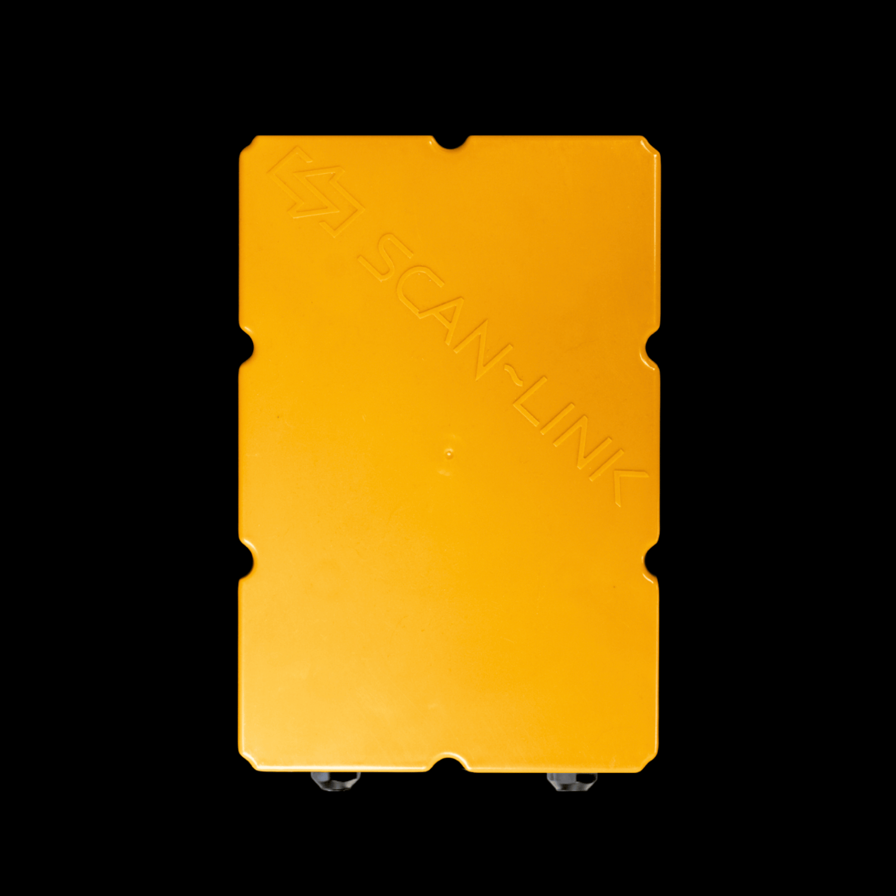 A rectangular, yellow SCAN-LINK brand device with a textured surface and small metal connectors at the bottom.