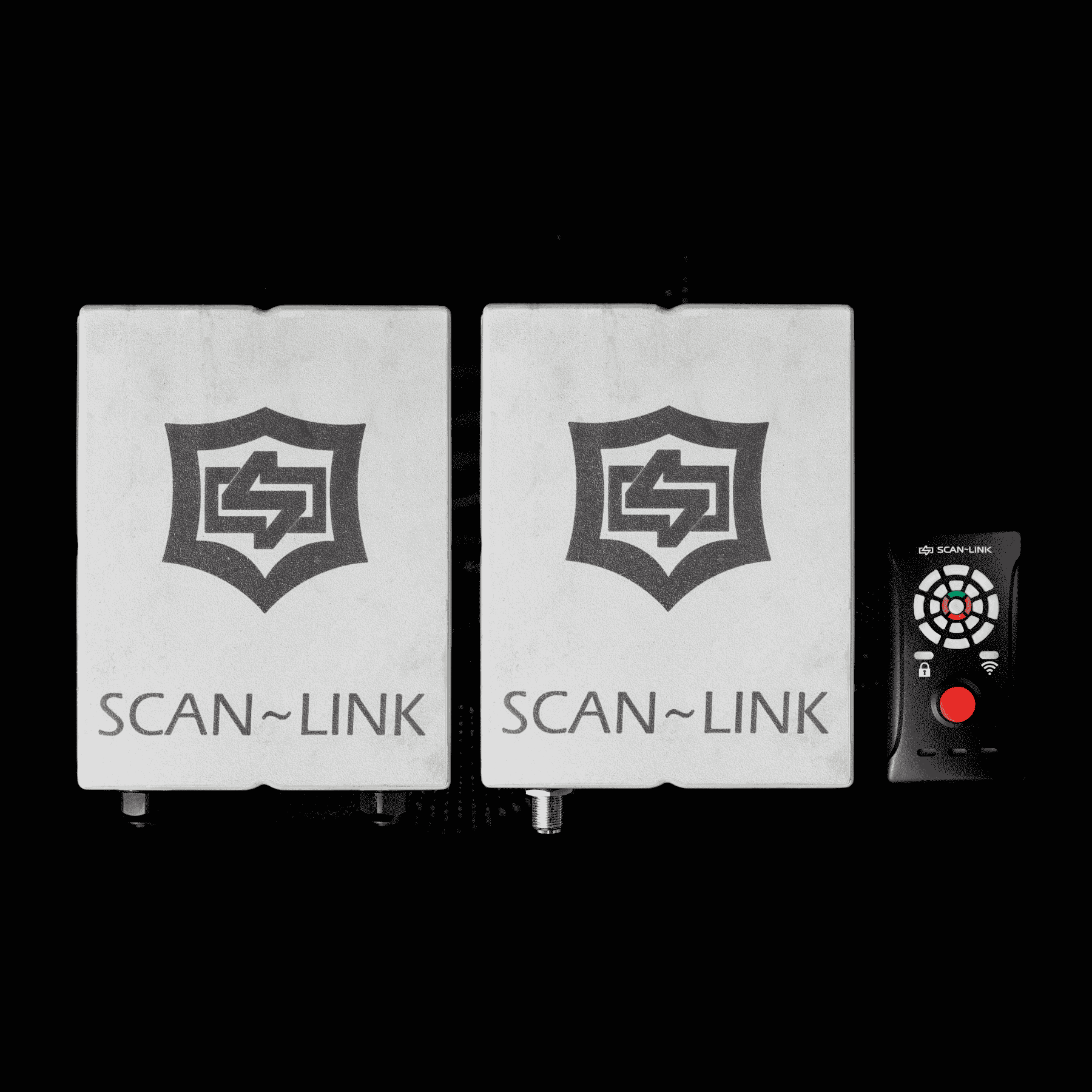 Two white SCAN-LINK safety sensor units and a small, handheld black remote control on a black background.
