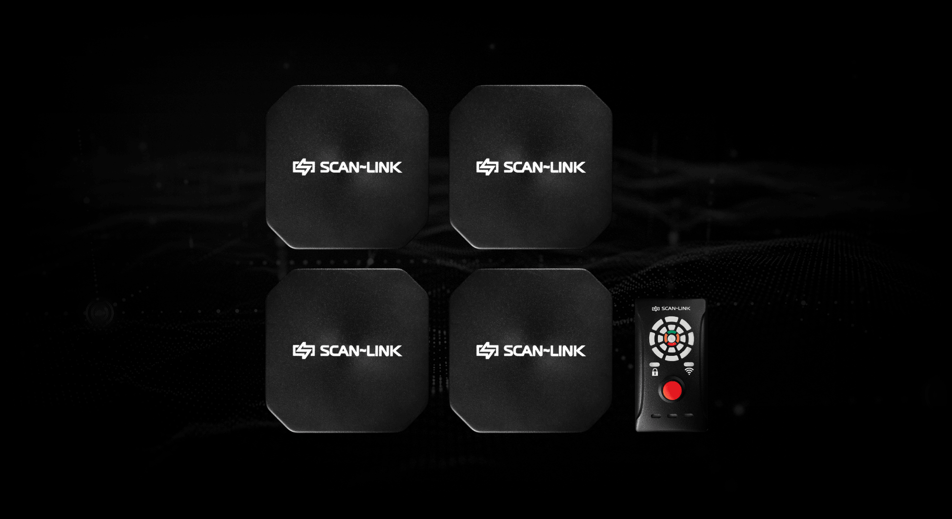 Four black square devices and a remote control against a dark background, branded