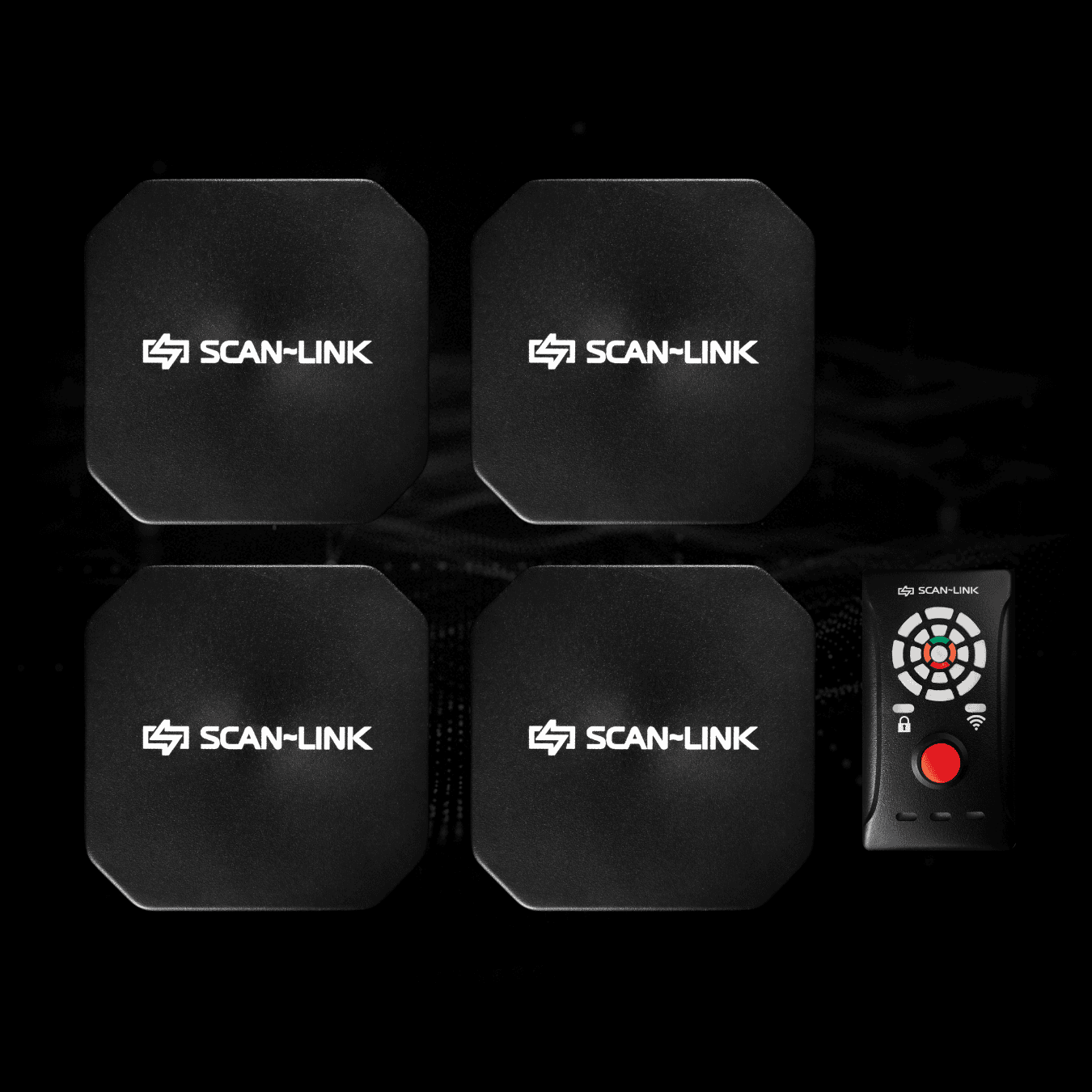 Four black SCAN-LINK antenna nodes arranged in a square grid with a matching remote control on the right.
