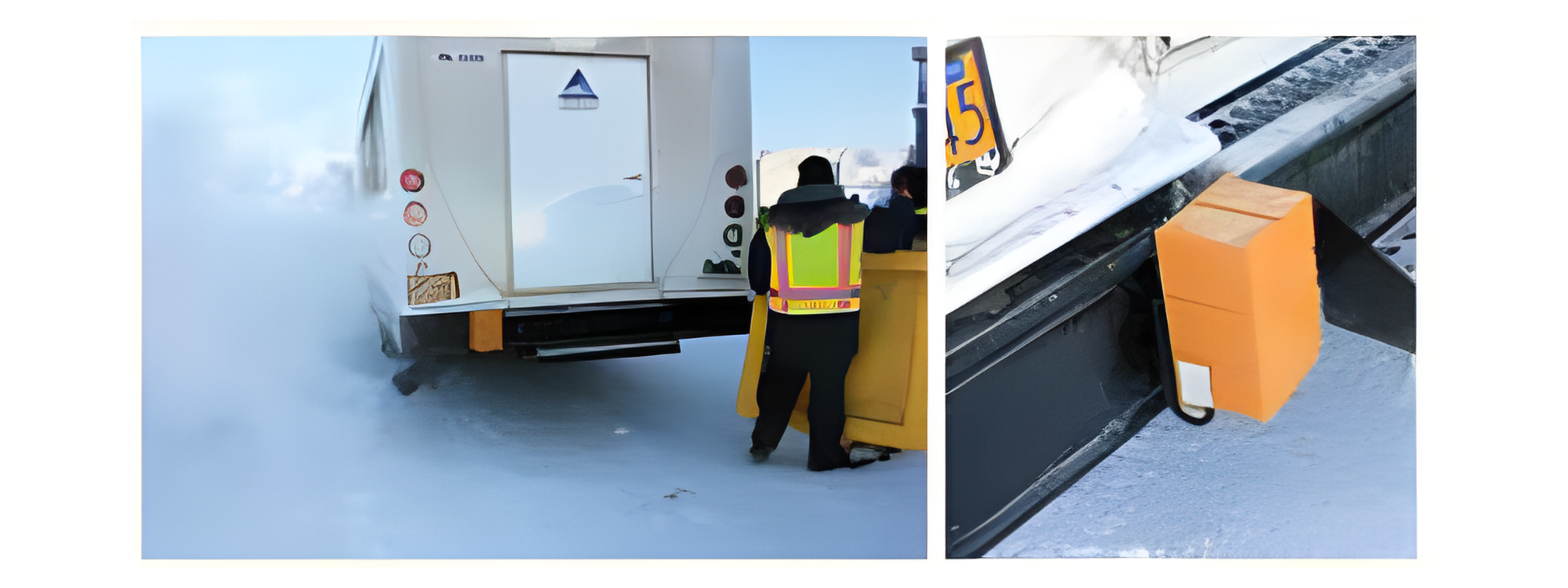 A worker in reflective vest by a white truck. Boxes are stacked on the truck's rear in a snowy environment.