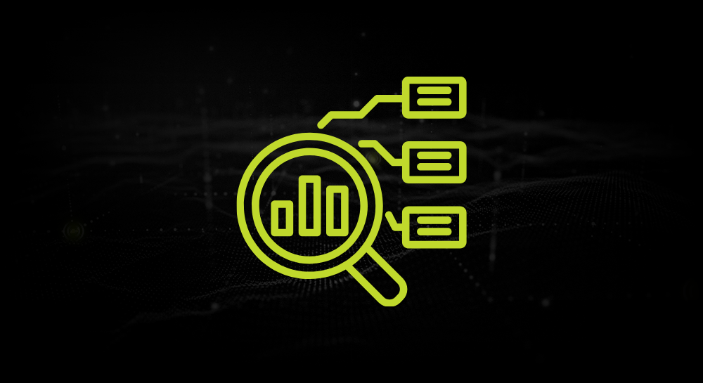 Neon yellow analytics magnifying glass with bar chart and linked data nodes on black background