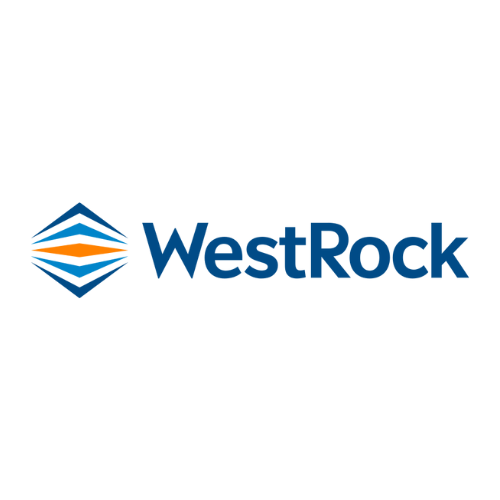 WestRock logo: blue geometric design with orange accents, text 