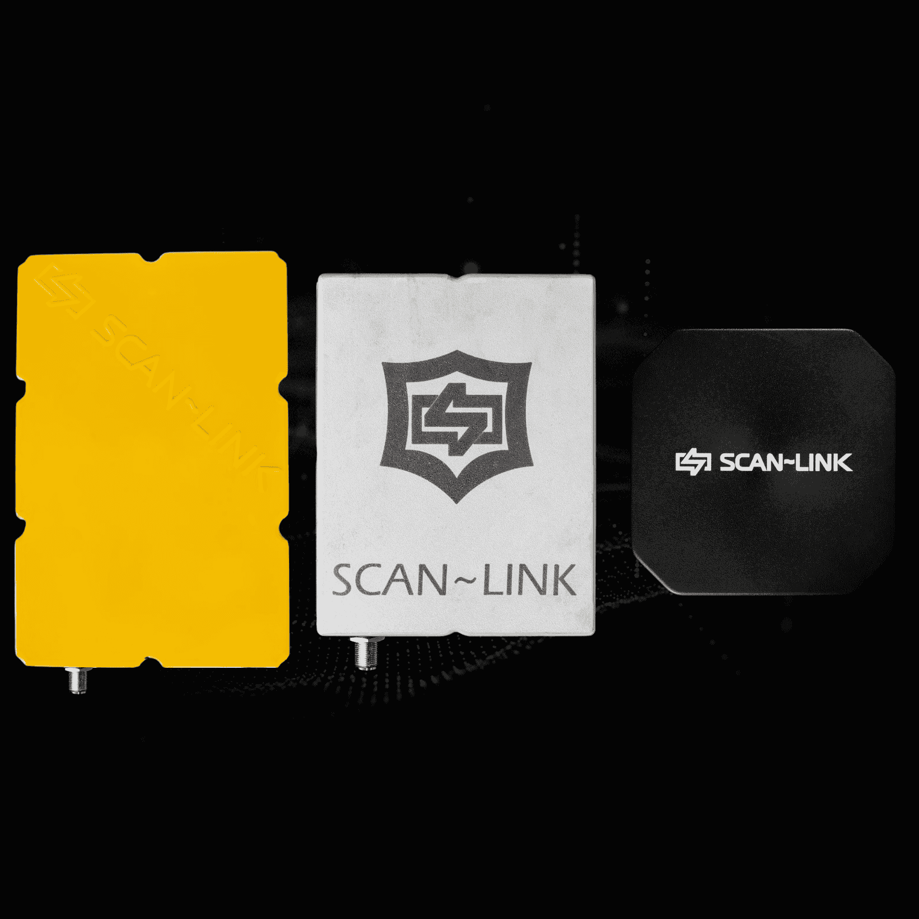 Three SCAN~LINK antenna units. One yellow, one grey, and one black, varying in size
