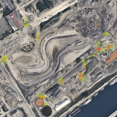 A heatmap aerial view of a terraced quarry beside dark water, with scattered machinery and buildings nearby