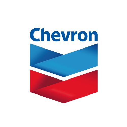 The chevron logo is a red , blue and white chevron arrow.