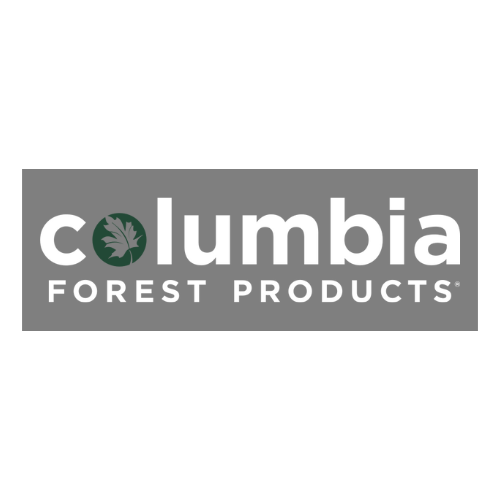 Columbia Forest Products logo with a green maple leaf and text on a gray rectangle.