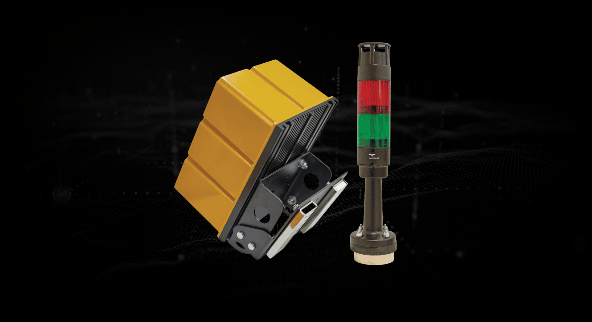 Yellow safety light and a tower light with green and red indicators.