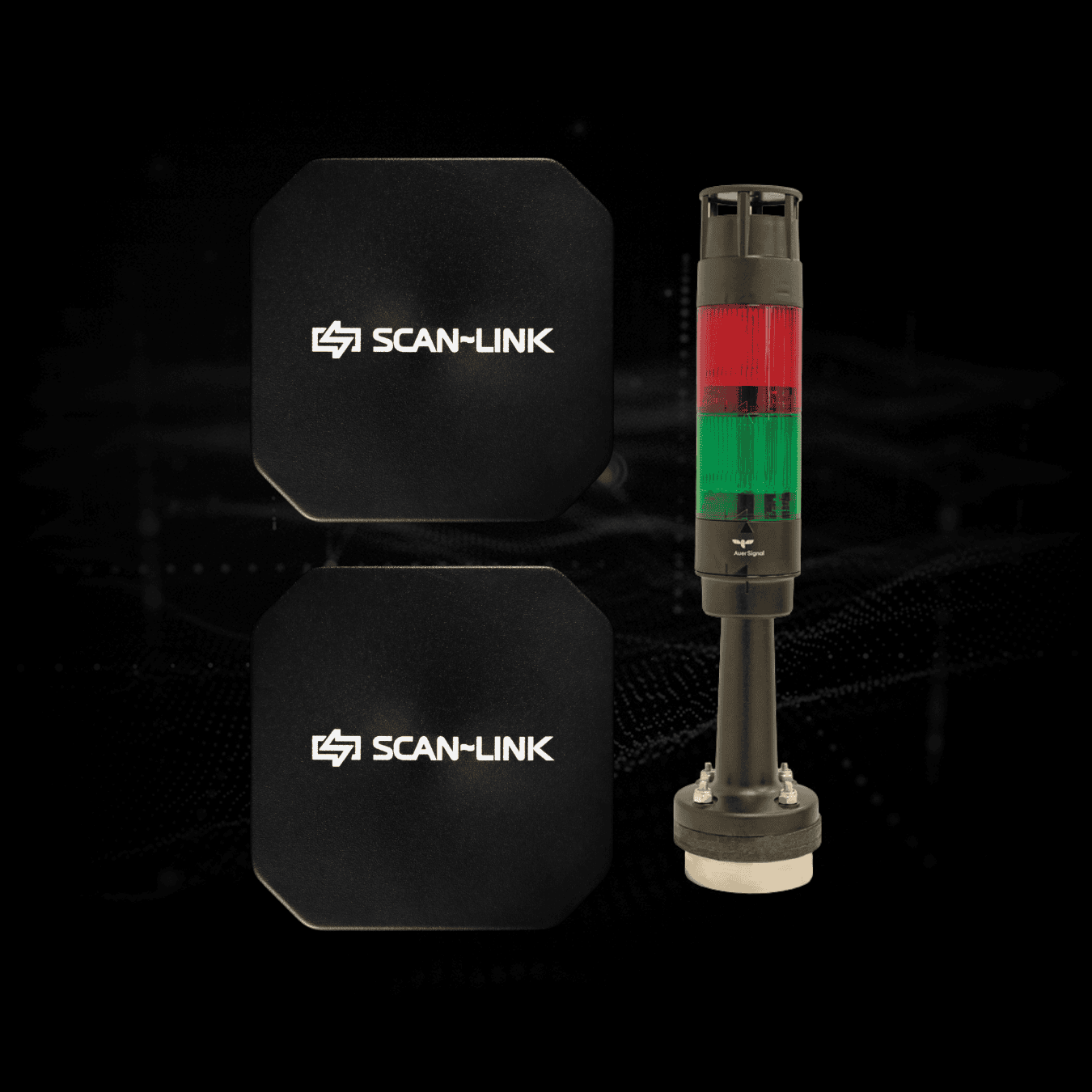 Two black SCAN-LINK electronic sensor pads next to a vertical indicator tower light with red and green segments.