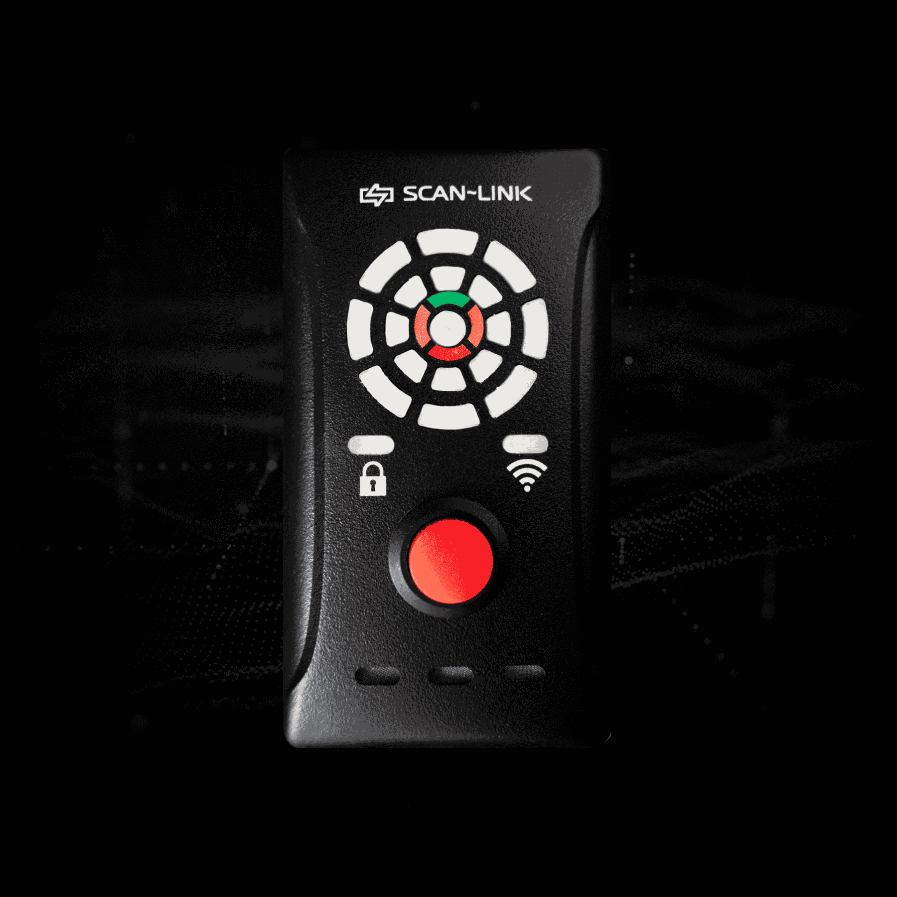 Black Scan-Link device with a red button, circular lights, and WiFi symbol on a black background.
