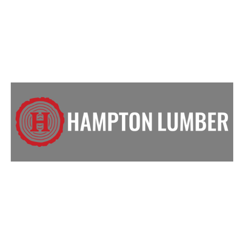 Hampton Lumber logo on gray rectangle. Red tree ring icon and white text: Hampton Lumber.
