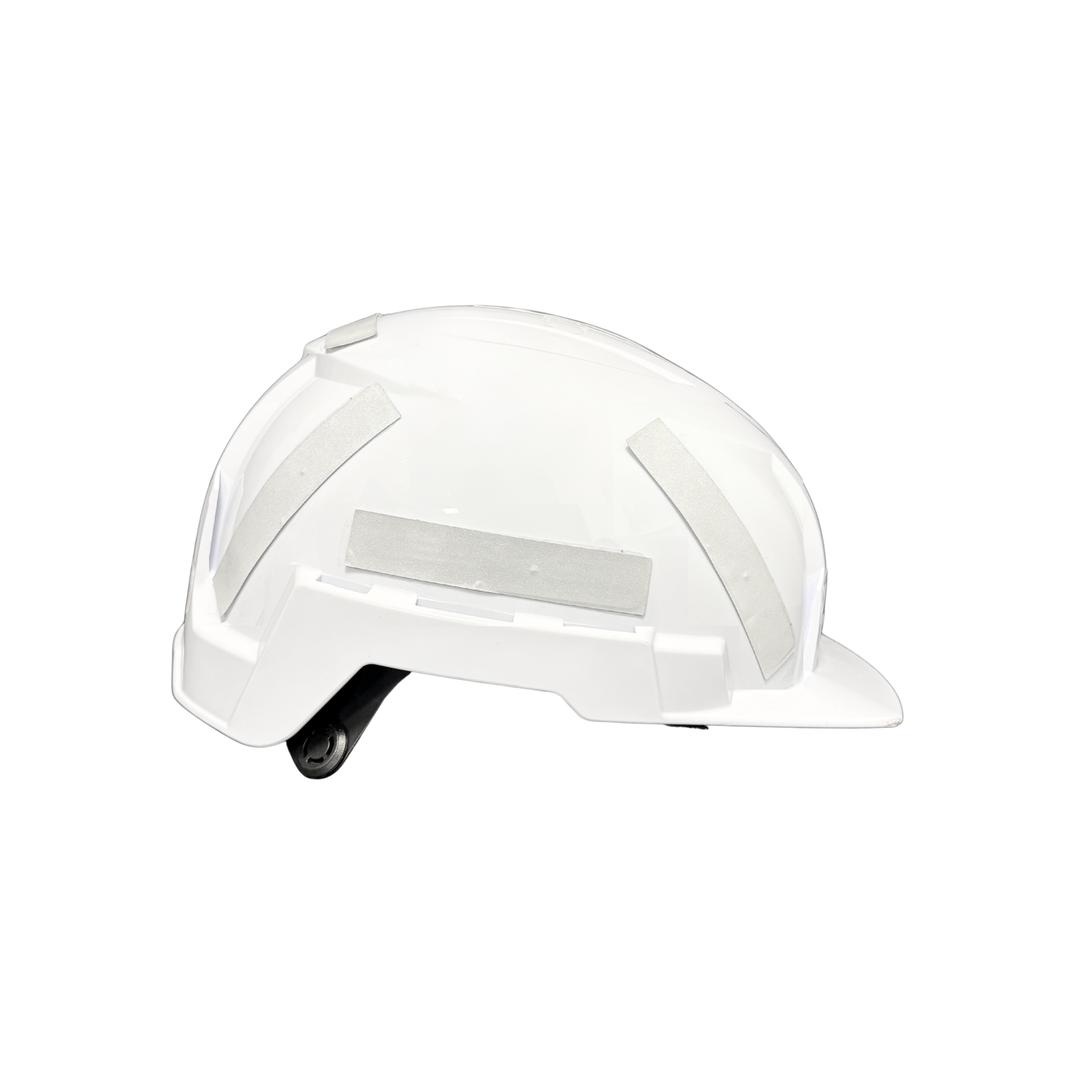 White construction hard hat with reflective strips.